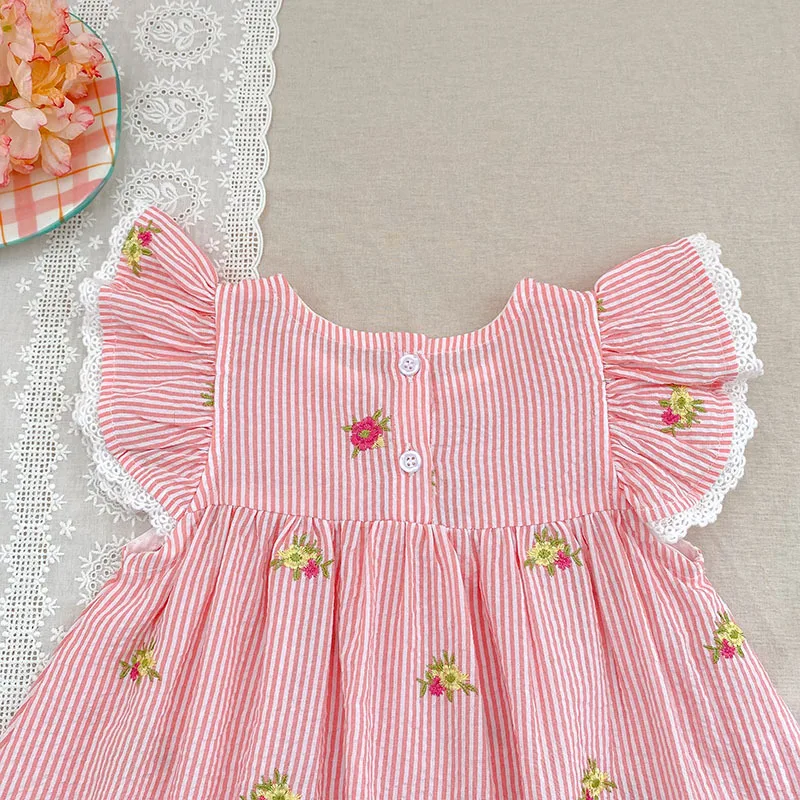 2026 New Summer 2-6Yrs Princess Dress Striped Cute Sweet Baby Girl Pink Round Neck Dress Flying Sleeve Cotton Embroidery Dress