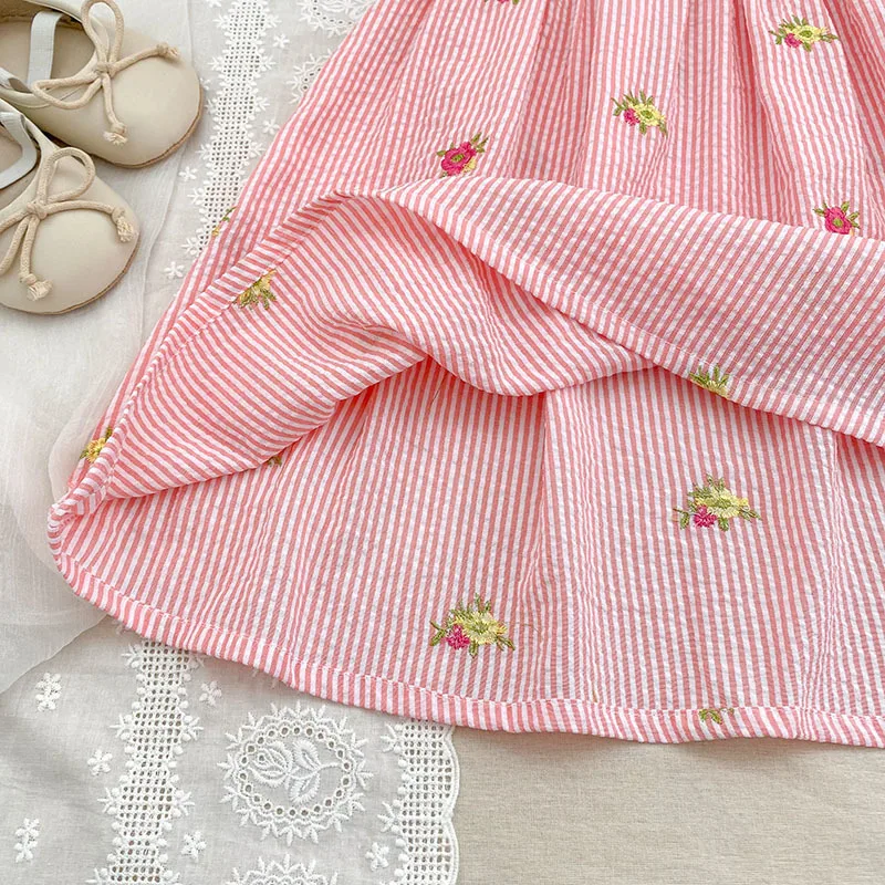 2026 New Summer 2-6Yrs Princess Dress Striped Cute Sweet Baby Girl Pink Round Neck Dress Flying Sleeve Cotton Embroidery Dress