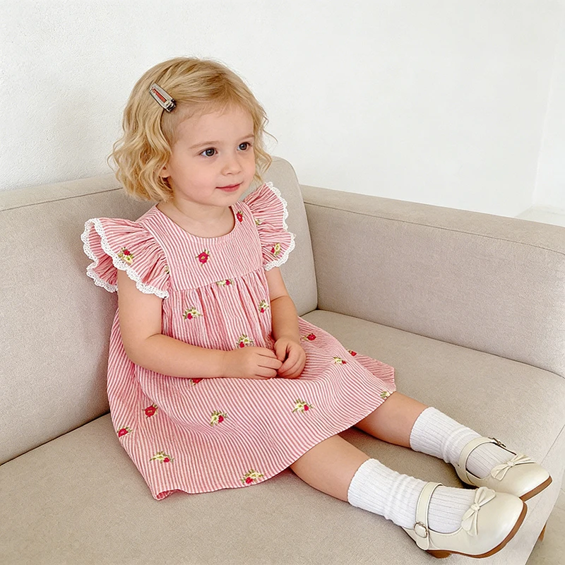 2026 New Summer 2-6Yrs Princess Dress Striped Cute Sweet Baby Girl Pink Round Neck Dress Flying Sleeve Cotton Embroidery Dress
