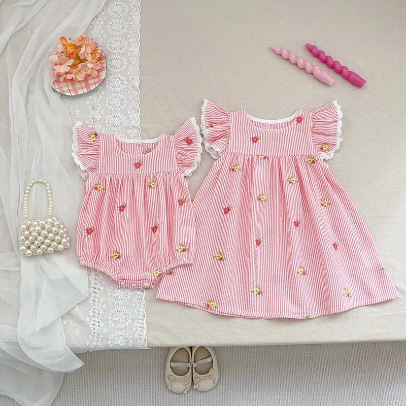 2026 New Summer 2-6Yrs Princess Dress Striped Cute Sweet Baby Girl Pink Round Neck Dress Flying Sleeve Cotton Embroidery Dress