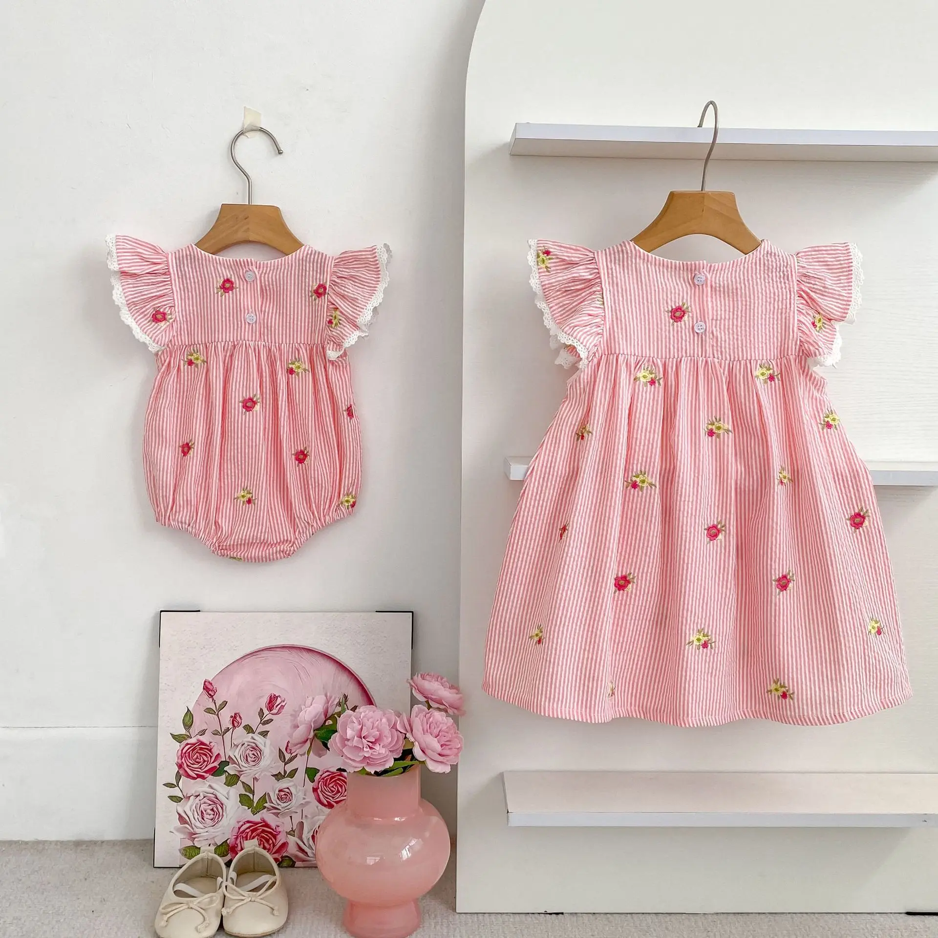 2026 New Summer 2-6Yrs Princess Dress Striped Cute Sweet Baby Girl Pink Round Neck Dress Flying Sleeve Cotton Embroidery Dress