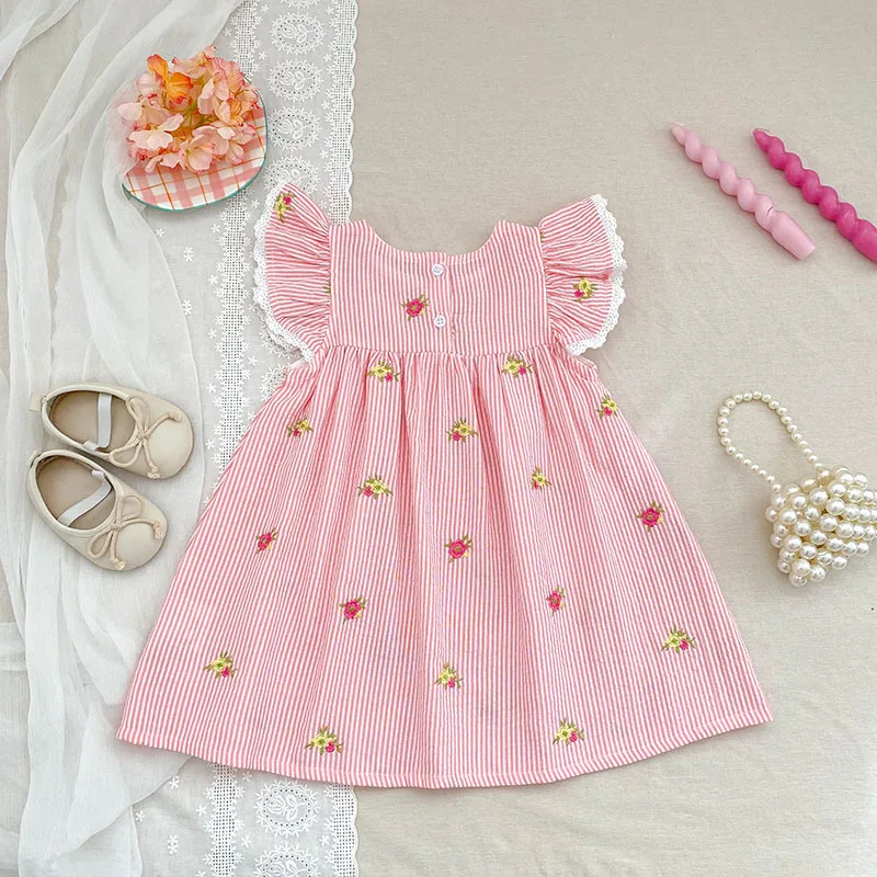 2026 New Summer 2-6Yrs Princess Dress Striped Cute Sweet Baby Girl Pink Round Neck Dress Flying Sleeve Cotton Embroidery Dress