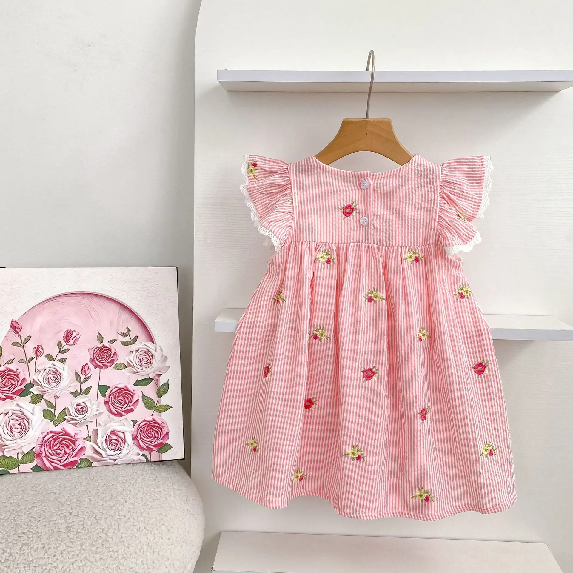 2026 New Summer 2-6Yrs Princess Dress Striped Cute Sweet Baby Girl Pink Round Neck Dress Flying Sleeve Cotton Embroidery Dress
