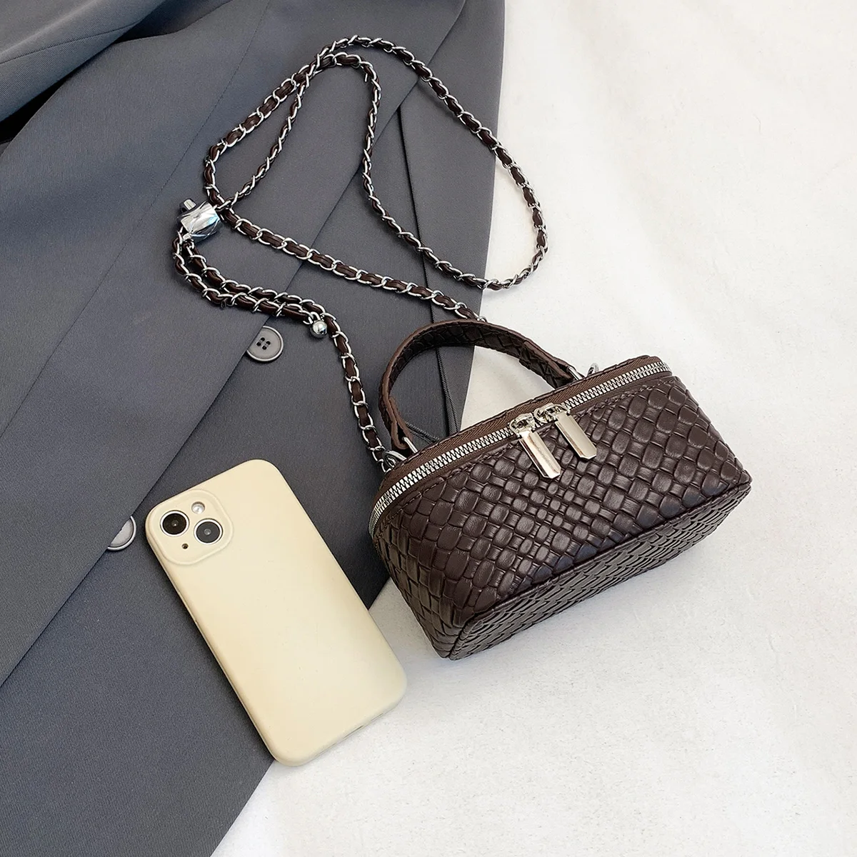 Retro Women Crossbody Bag Woven Pattern Soft PU Leather Handbag Multi Function Adjustable Chain Strap Shoulder Bag for Commute