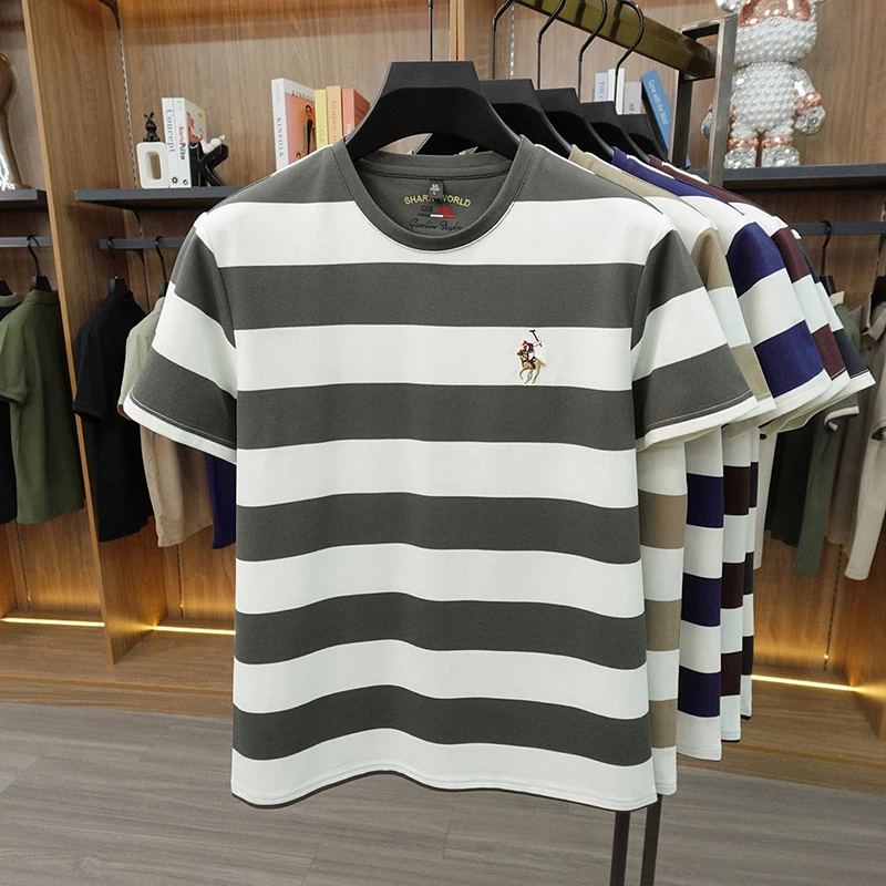 Striped Round Neck Short Sleeved T-shirt for Men's Summer Casual Loose Breathable Top Embroidered Men's Base T-shirt
