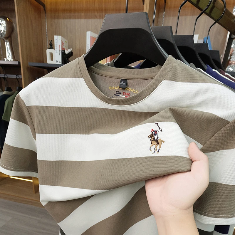 Striped Round Neck Short Sleeved T-shirt for Men's Summer Casual Loose Breathable Top Embroidered Men's Base T-shirt