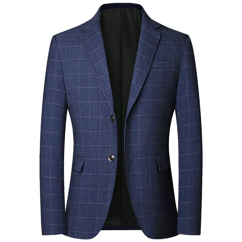 Autumn Men Blazer Vintage Single-breasted Plaid Versatile Man Suit Coat Turn Down Collar Long Sleeve Non-ironing Male Outerwear