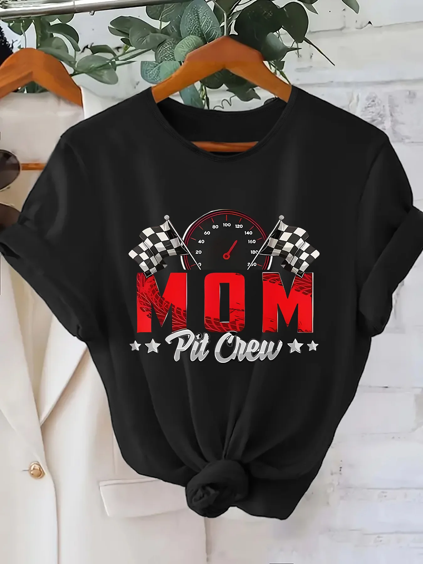 Mom Pit Crew Racing T Shirt Women Race Car Birthday Party Matching Family Short Sleeve Casual Crew Neck Speedometer Top Tee