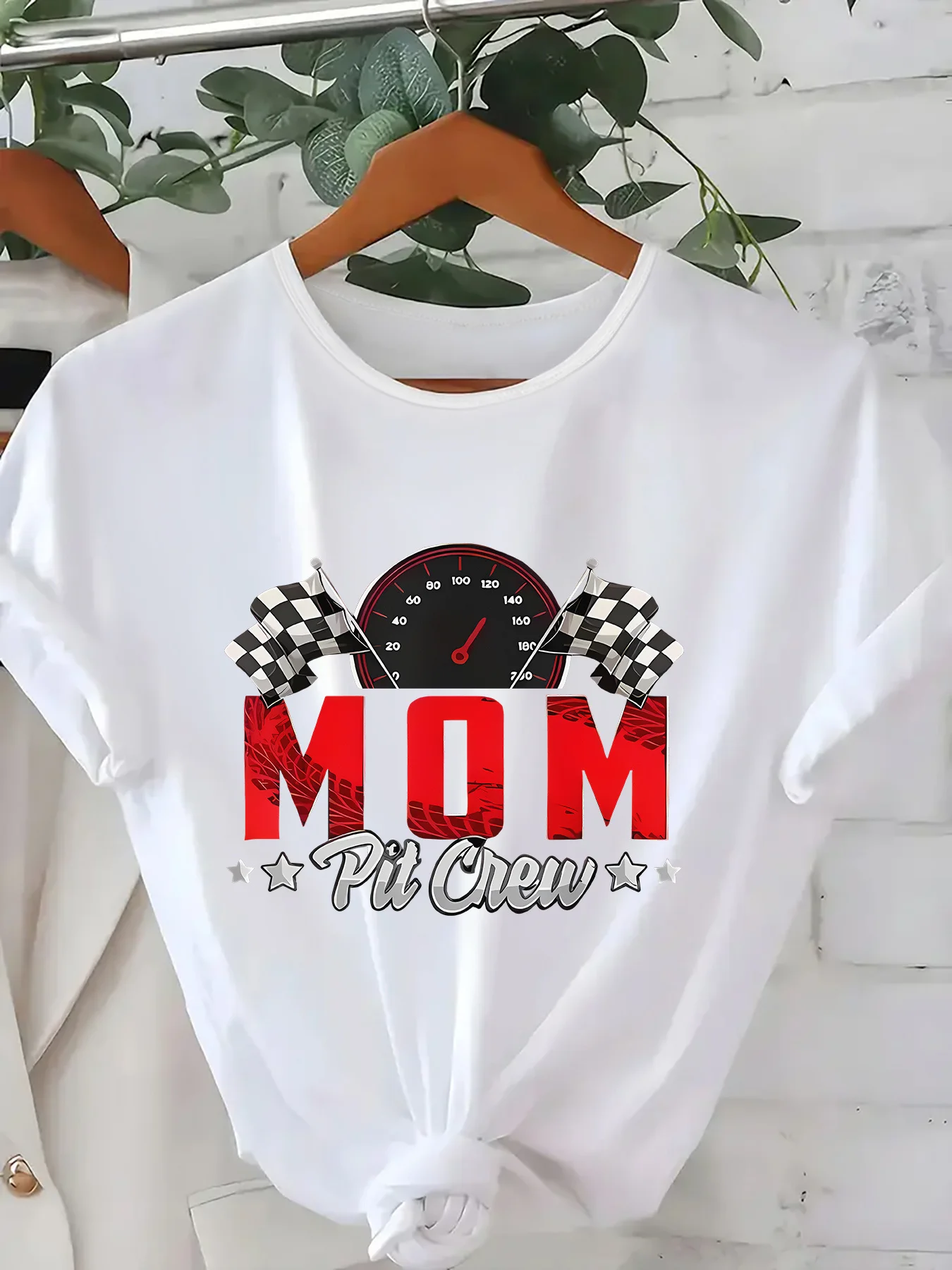 Mom Pit Crew Racing T Shirt Women Race Car Birthday Party Matching Family Short Sleeve Casual Crew Neck Speedometer Top Tee