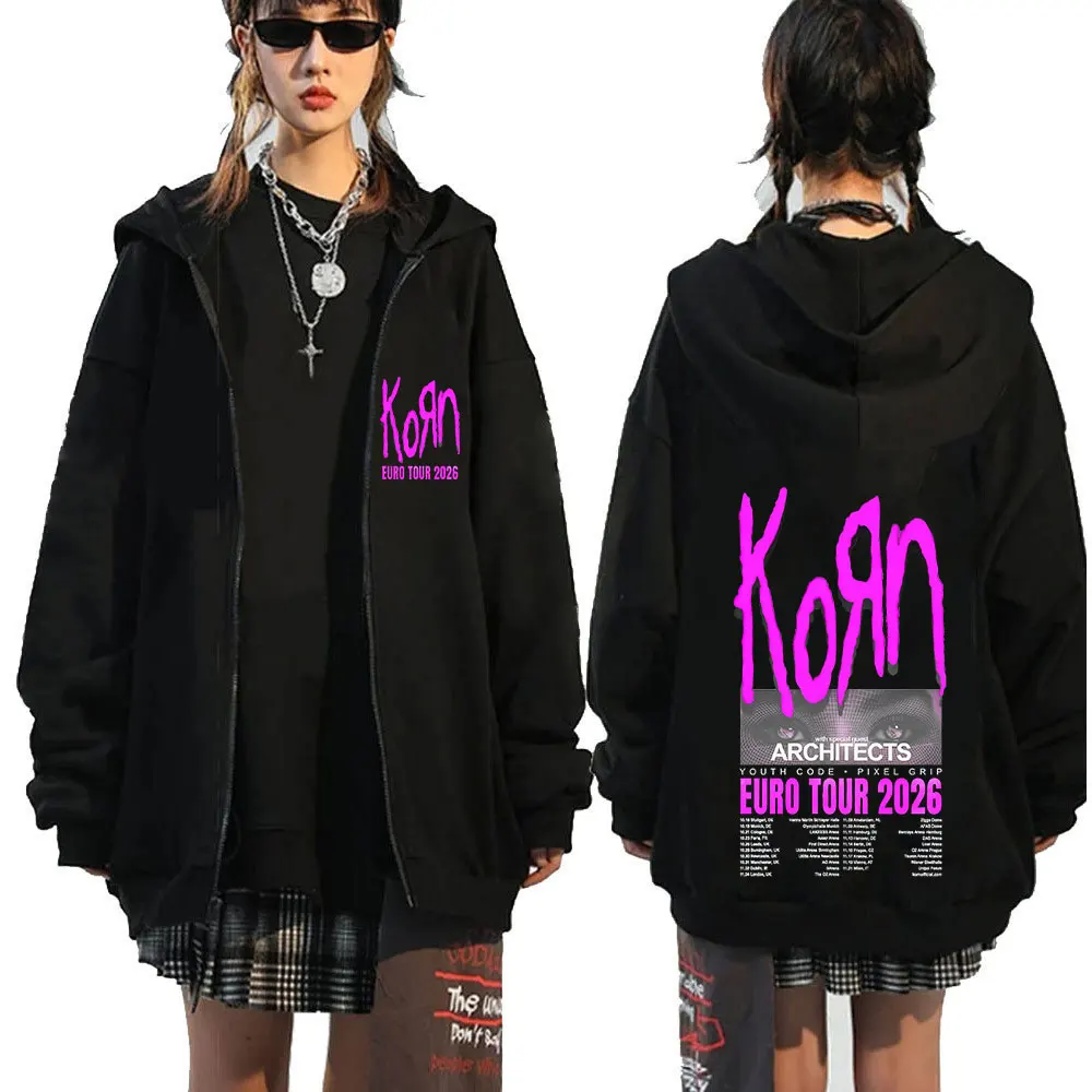 Korn Tour 2026 Merch Zipper Hoodies Fan Gifts Metal Punk Gothic Rock Band Fashion Casual Zip Up Hooded Sweatshirts Jackets Coats