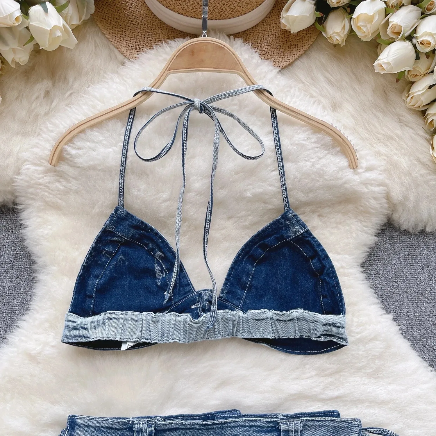 Retro Women Bikini Denim Suits Summer Halter Camis Mini Short Pant Fashion Vacation Suits Sexy Comfortable