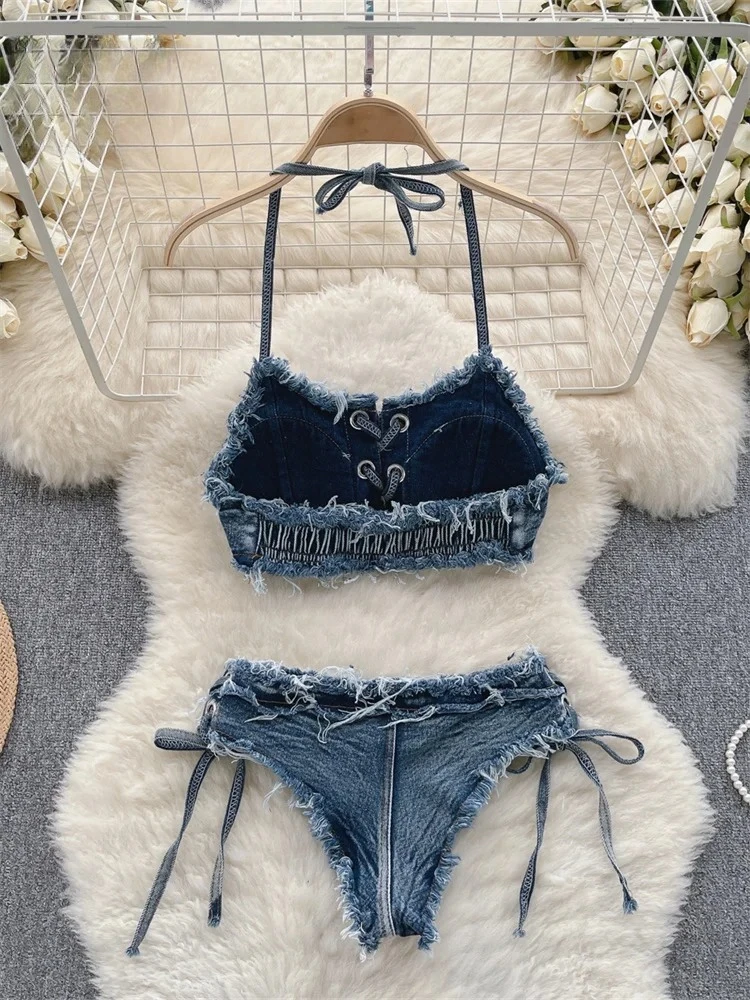 Retro Women Bikini Denim Suits Summer Halter Camis Mini Short Pant Fashion Vacation Suits Sexy Comfortable