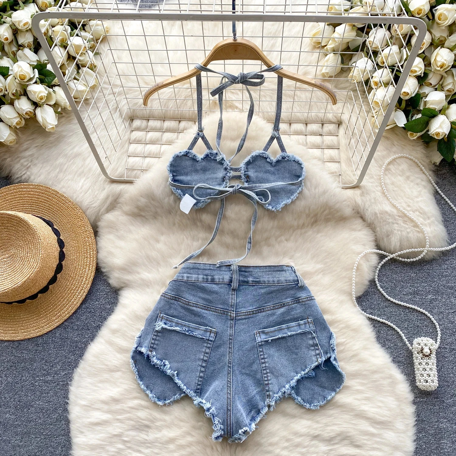 Retro Women Bikini Denim Suits Summer Halter Camis Mini Short Pant Fashion Vacation Suits Sexy Comfortable