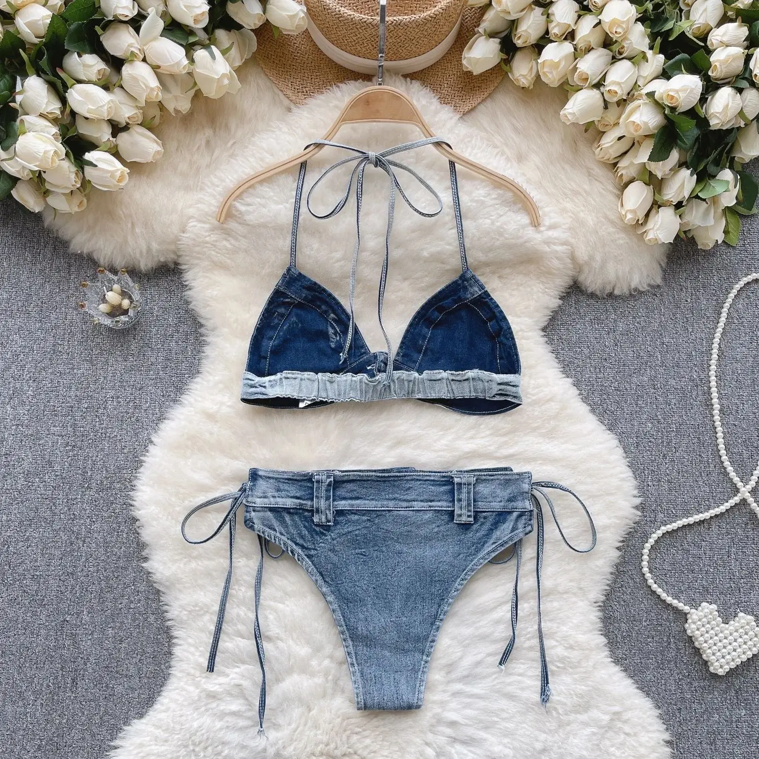 Retro Women Bikini Denim Suits Summer Halter Camis Mini Short Pant Fashion Vacation Suits Sexy Comfortable