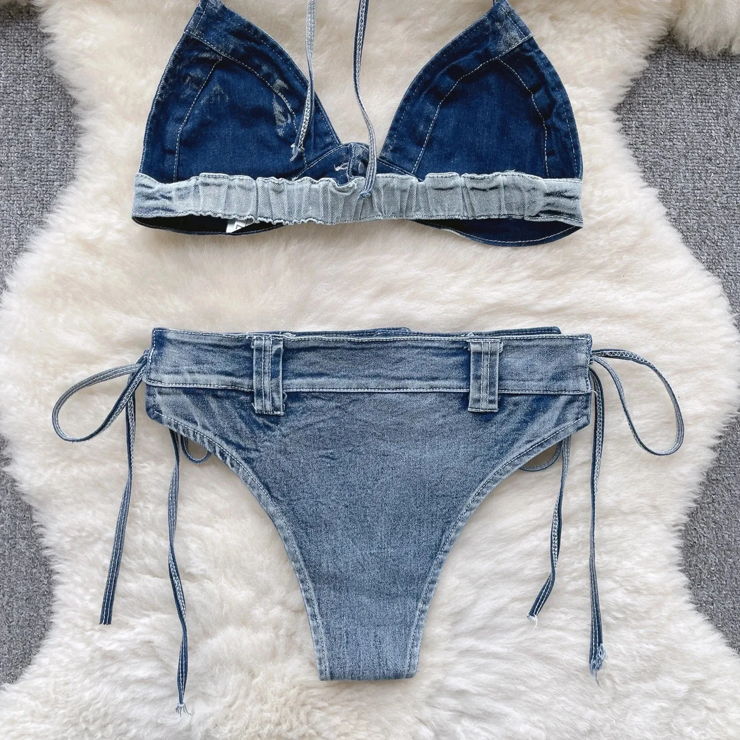 Retro Women Bikini Denim Suits Summer Halter Camis Mini Short Pant Fashion Vacation Suits Sexy Comfortable
