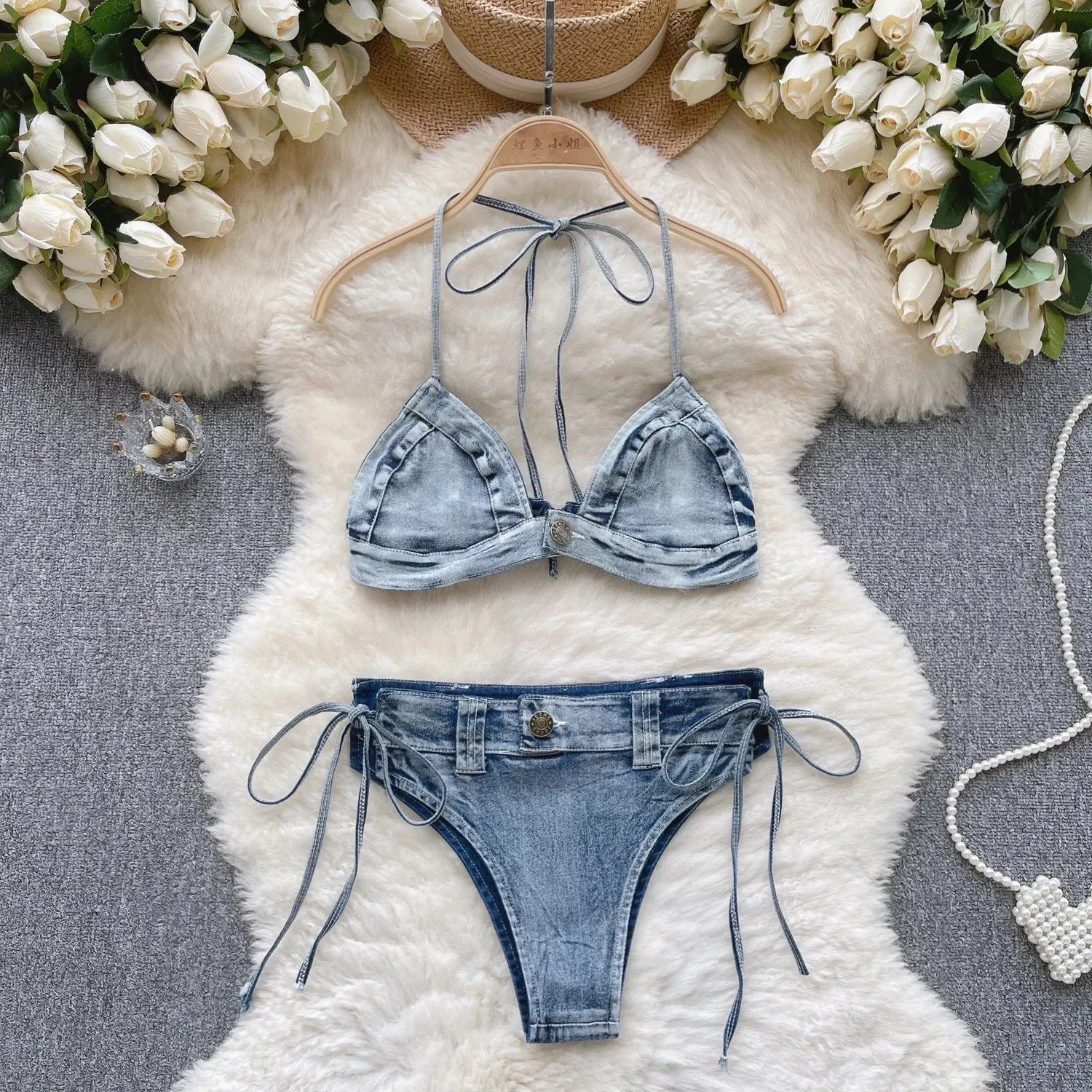 Retro Women Bikini Denim Suits Summer Halter Camis Mini Short Pant Fashion Vacation Suits Sexy Comfortable