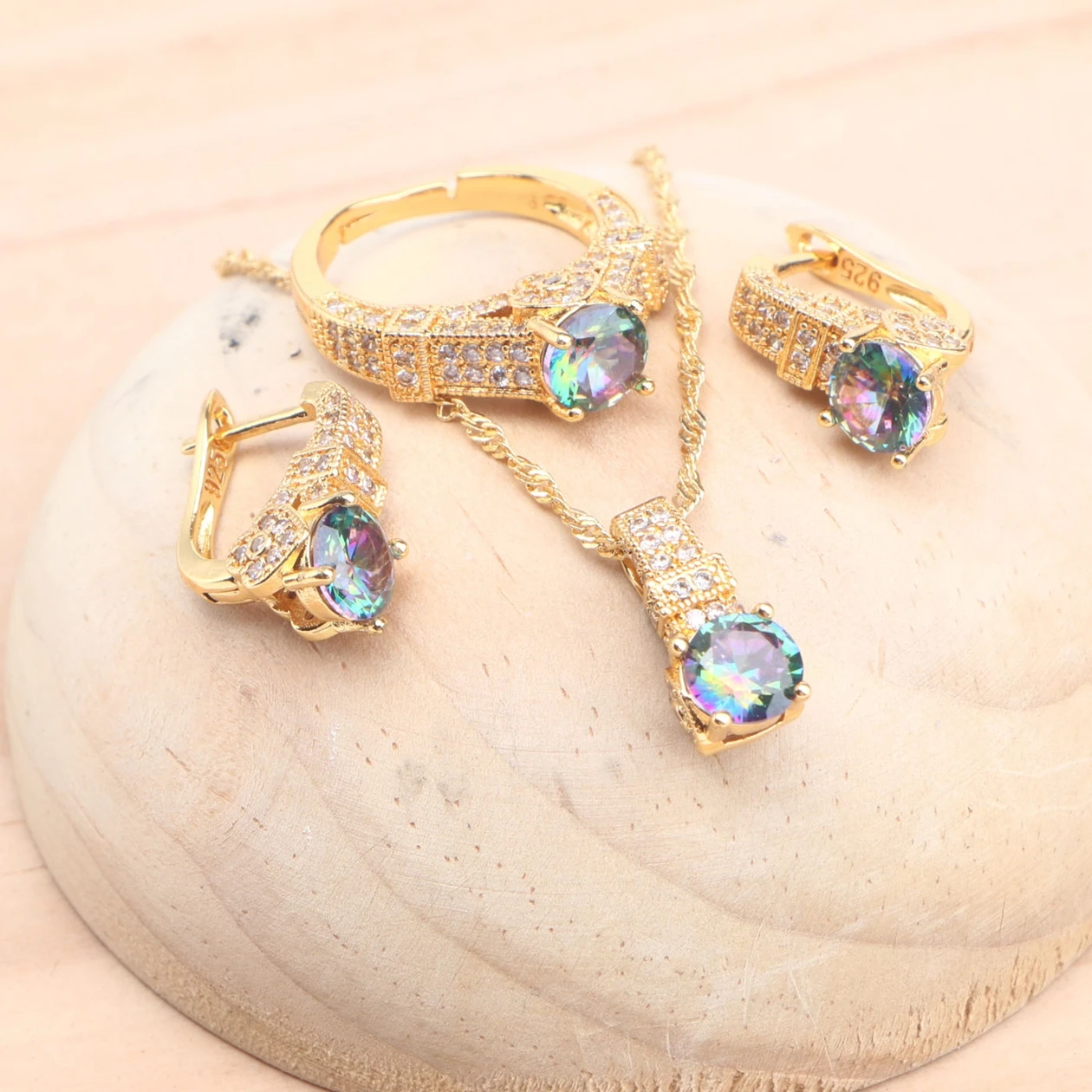 925 Silver Jewelry Sets For Women Magic Rainbow Zircon Gold Color Wedding Earrings Stones Bracelets Rings Pendant Necklace Set