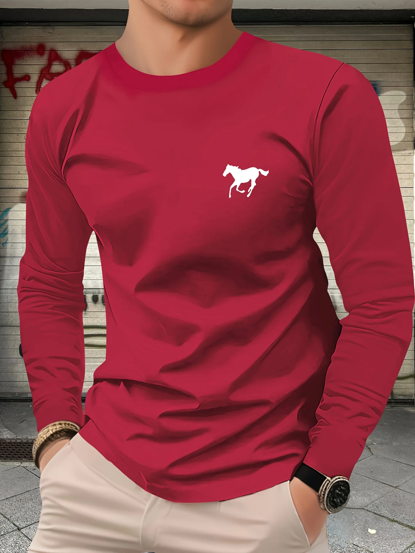 Men's 100% pure cotton loose and comfortable casual sports trend horse pattern printed round neck long sleeved T-shirt top
