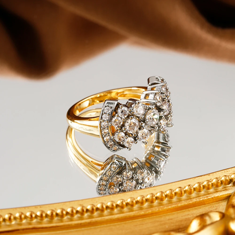 Shiny inlaid zircon earrings ring for women retro fashion jewelry copper plated 14K gold luxury banquet holiday gift jewelry set