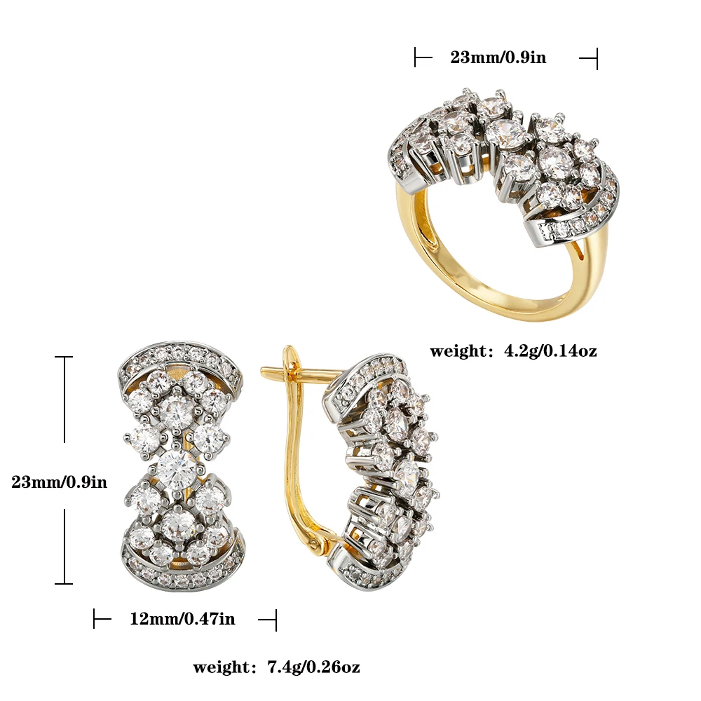 Shiny inlaid zircon earrings ring for women retro fashion jewelry copper plated 14K gold luxury banquet holiday gift jewelry set