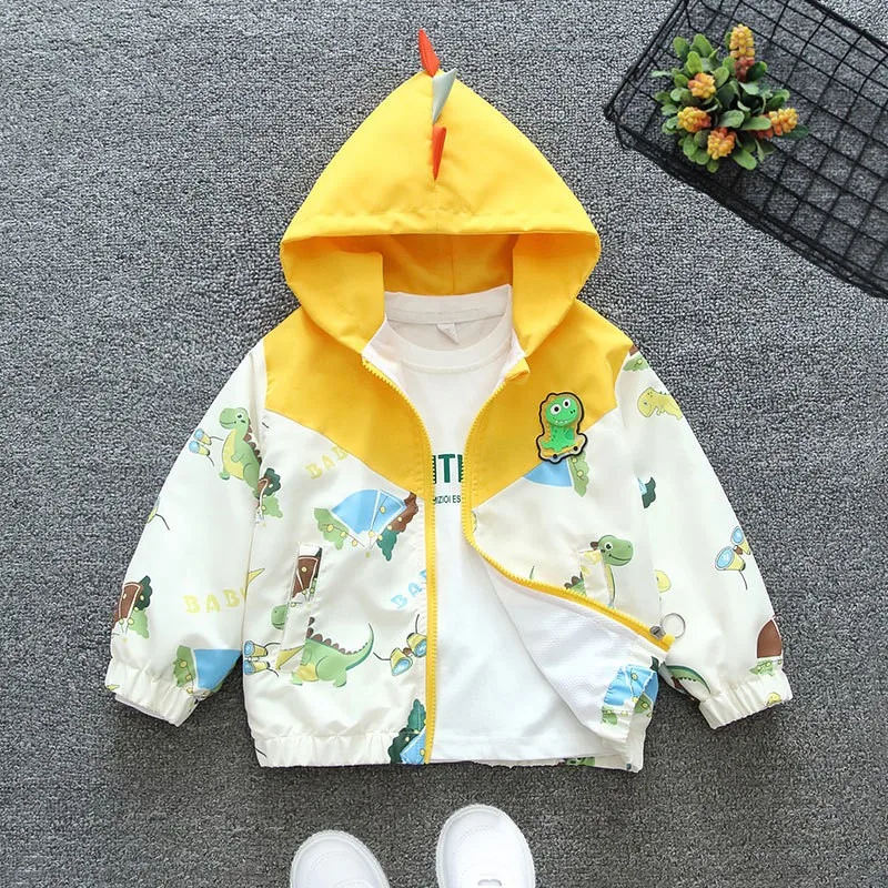 Spring Autumn New Baby Boys Jackets Cartoon Print Dinosaur Casual Hooded Jacket For 1-6 Years Kids Children Windbreak Coat