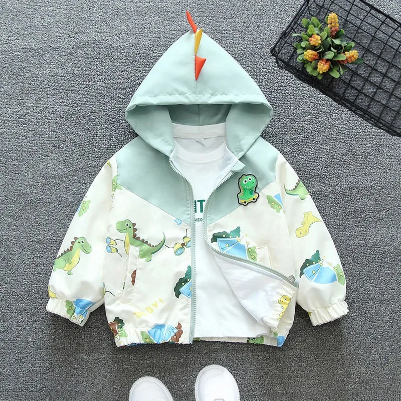 Spring Autumn New Baby Boys Jackets Cartoon Print Dinosaur Casual Hooded Jacket For 1-6 Years Kids Children Windbreak Coat
