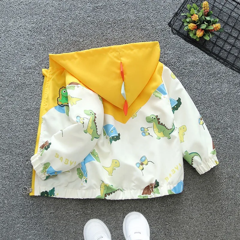 Spring Autumn New Baby Boys Jackets Cartoon Print Dinosaur Casual Hooded Jacket For 1-6 Years Kids Children Windbreak Coat
