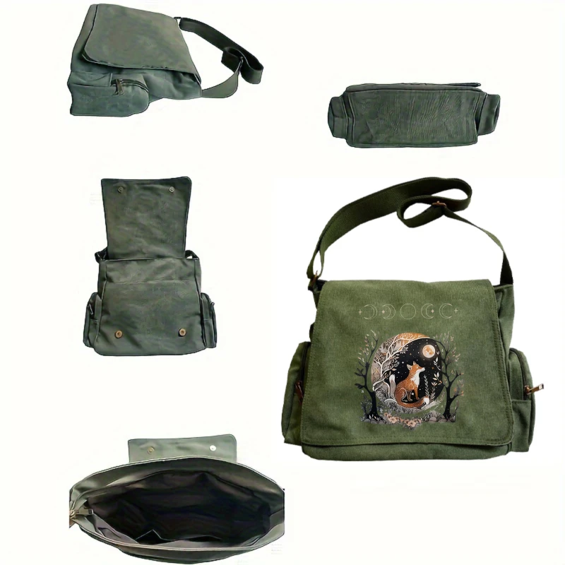 Vintage Womens Crossbody Bag Canvas Fox Moon Print Large Capacity Messenger Bag For Travel Mens Laptop Bag
