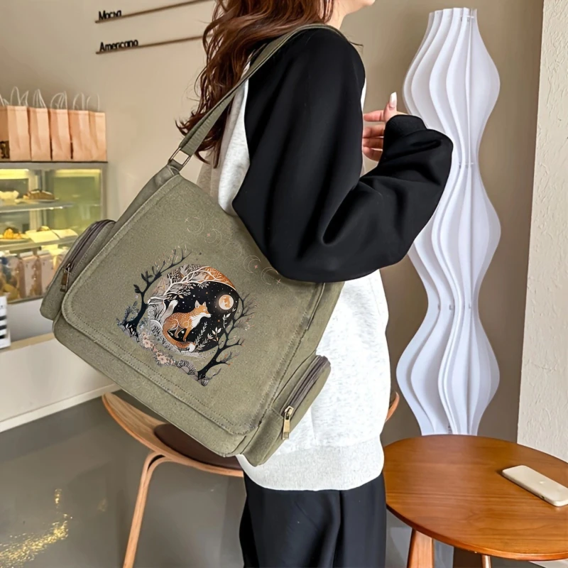 Vintage Womens Crossbody Bag Canvas Fox Moon Print Large Capacity Messenger Bag For Travel Mens Laptop Bag