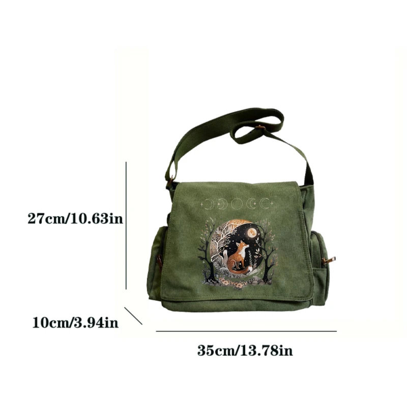 Vintage Womens Crossbody Bag Canvas Fox Moon Print Large Capacity Messenger Bag For Travel Mens Laptop Bag