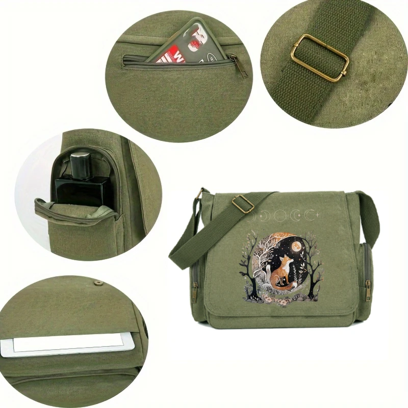 Vintage Womens Crossbody Bag Canvas Fox Moon Print Large Capacity Messenger Bag For Travel Mens Laptop Bag