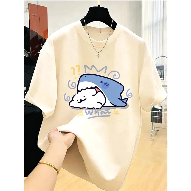 Women's Clothing Shark Printed Fashion Basic Short Sleeve T-shirts Summer Casual Chic Cartoon Print Top Y2k Harajuku Female Tee