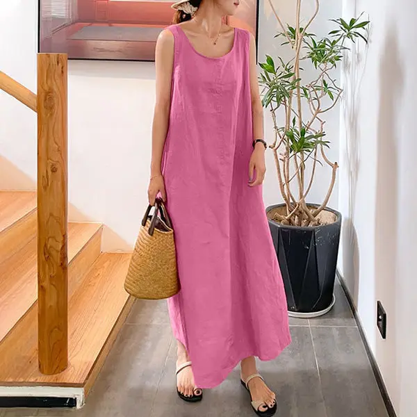 Plus Size Women's Summer Solid Color Comfortable Dress Sleeveless Loose Cotton Thin Breathable Office Lady
