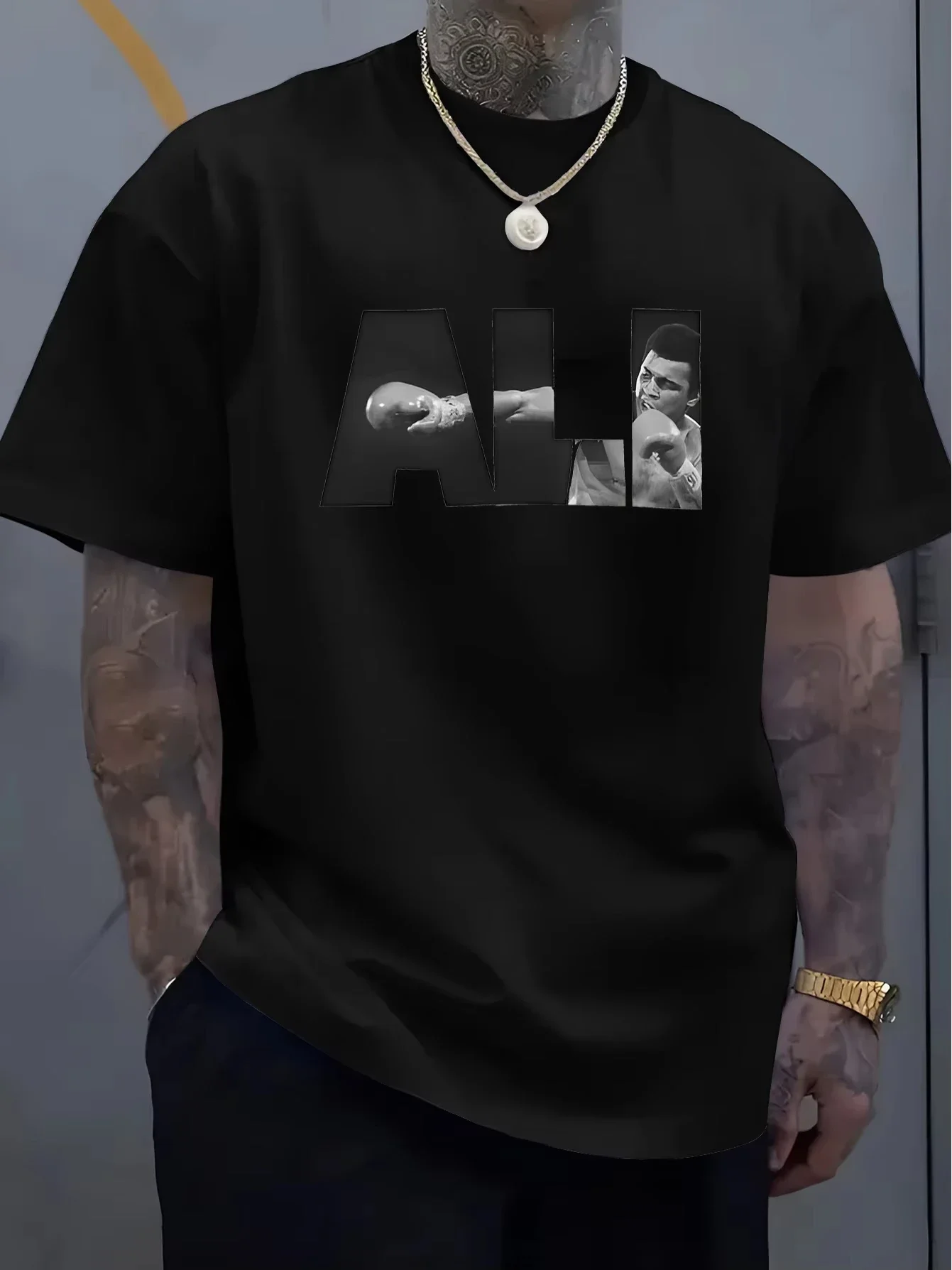 T-shirt décontracté pour homme avec motif de boxe - Doux et respirant, T-shirt d'été avec impression en hommage à Ali, Coupe
