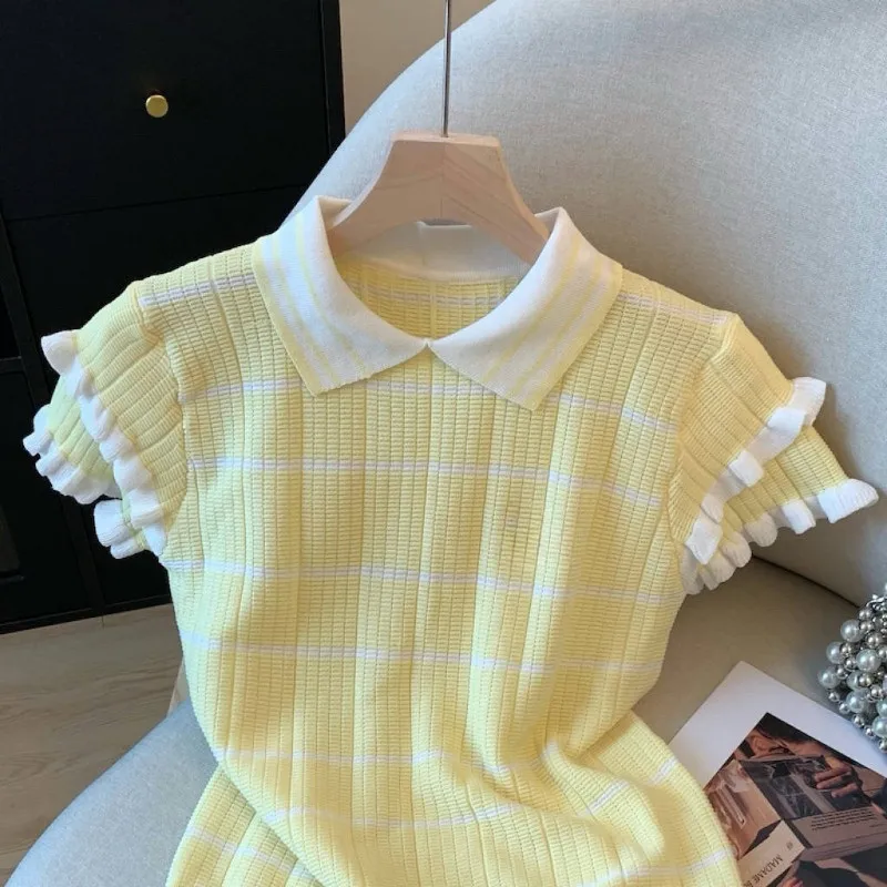 Summer New Women's Fashion Contrast Color Ruffle Stripe Turn Down Collar Short Sleeve Knit Top Casual Polo Shirt