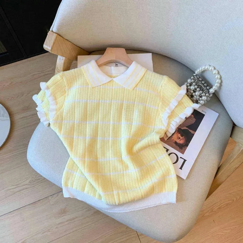 Summer New Women's Fashion Contrast Color Ruffle Stripe Turn Down Collar Short Sleeve Knit Top Casual Polo Shirt