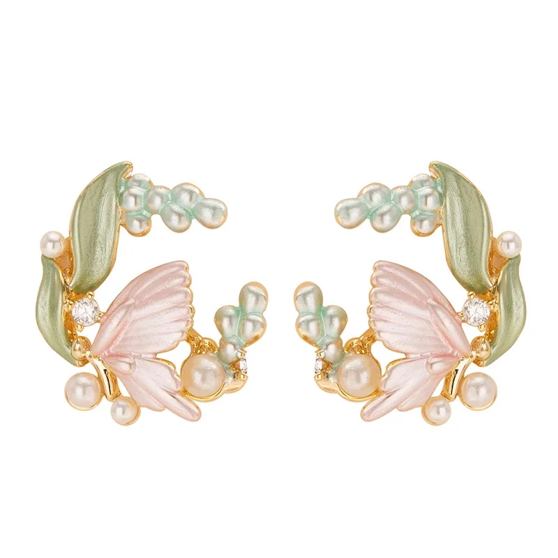 Super fairy sweet temperament fairy style oil paint inlaid pearl earrings niche personality versatile commuting earrings
