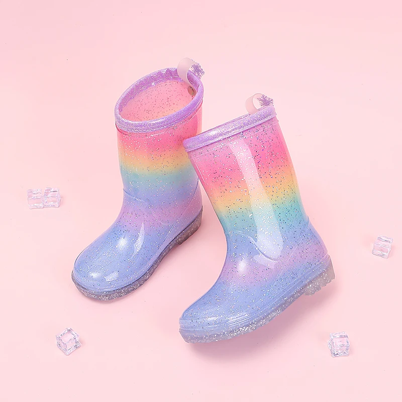 Four Seasons Cute Girls Rain Boots Rainbow Gradient Glitter Waterproof Non-Slip Toddler Kids Outdoor Rainy Day Shoes