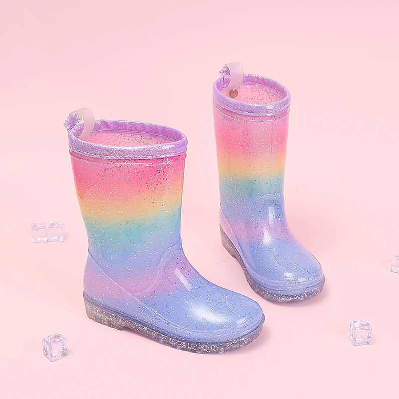 Four Seasons Cute Girls Rain Boots Rainbow Gradient Glitter Waterproof Non-Slip Toddler Kids Outdoor Rainy Day Shoes