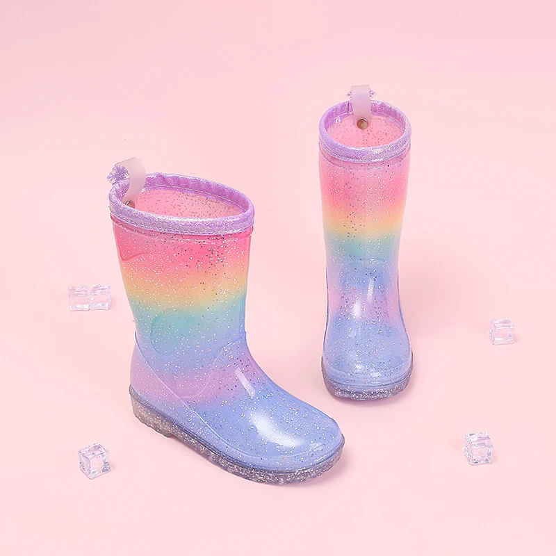 Four Seasons Cute Girls Rain Boots Rainbow Gradient Glitter Waterproof Non-Slip Toddler Kids Outdoor Rainy Day Shoes