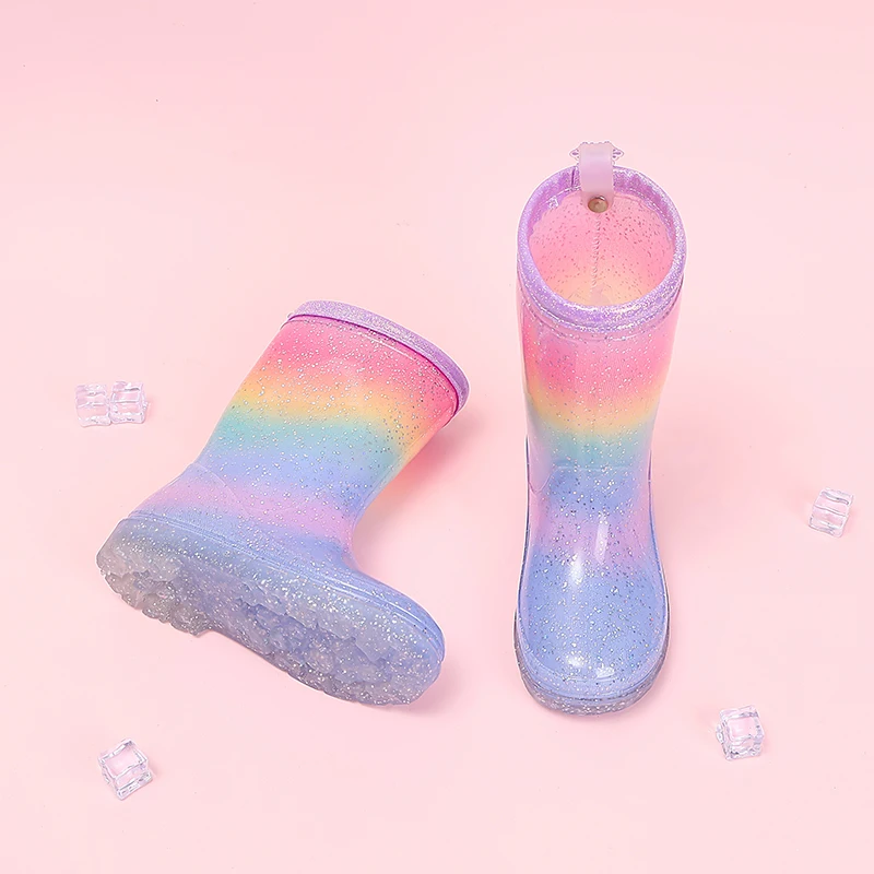 Four Seasons Cute Girls Rain Boots Rainbow Gradient Glitter Waterproof Non-Slip Toddler Kids Outdoor Rainy Day Shoes