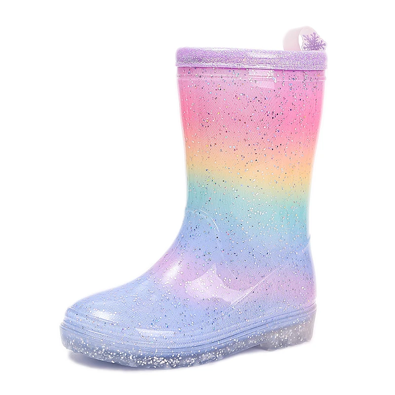 Four Seasons Cute Girls Rain Boots Rainbow Gradient Glitter Waterproof Non-Slip Toddler Kids Outdoor Rainy Day Shoes
