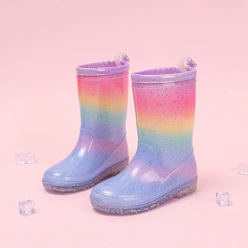 Four Seasons Cute Girls Rain Boots Rainbow Gradient Glitter Waterproof Non-Slip Toddler Kids Outdoor Rainy Day Shoes