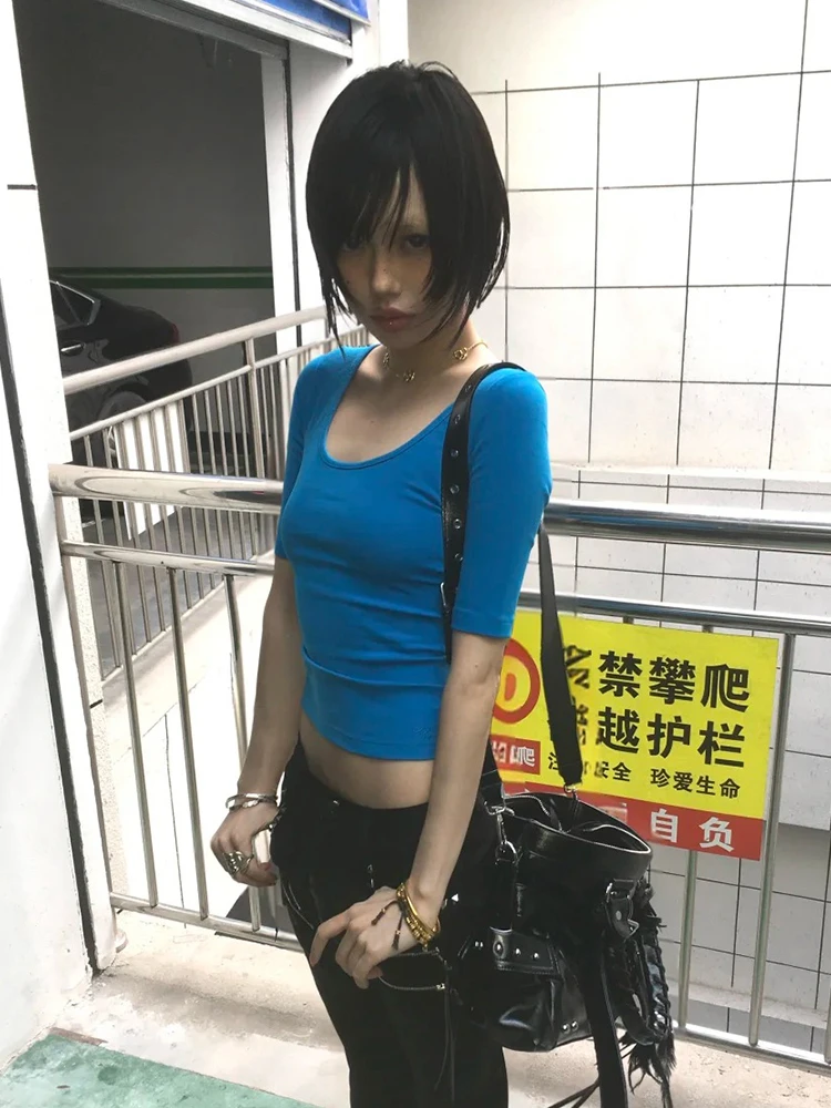 Tonngirls Aesthetic 2000s T-shirt Women Half Sleeve Slim Crop Tops Y2k Fairycore Vintage Tops Streetwear Square Collar Tshirts