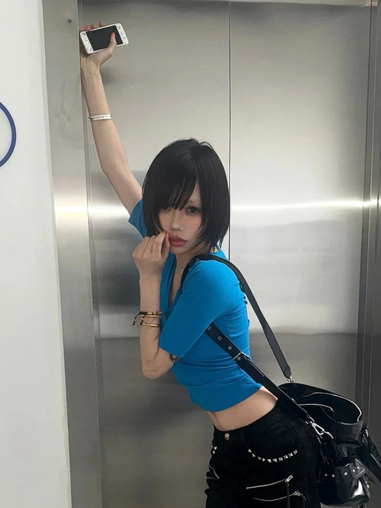 Tonngirls Aesthetic 2000s T-shirt Women Half Sleeve Slim Crop Tops Y2k Fairycore Vintage Tops Streetwear Square Collar Tshirts