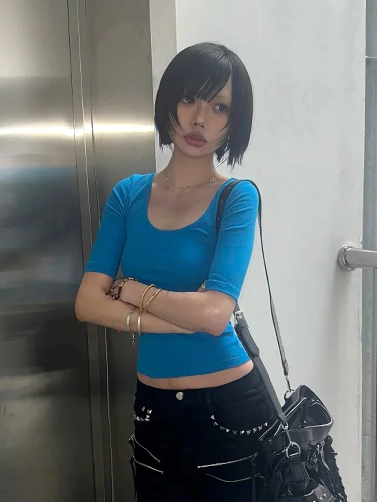 Tonngirls Aesthetic 2000s T-shirt Women Half Sleeve Slim Crop Tops Y2k Fairycore Vintage Tops Streetwear Square Collar Tshirts
