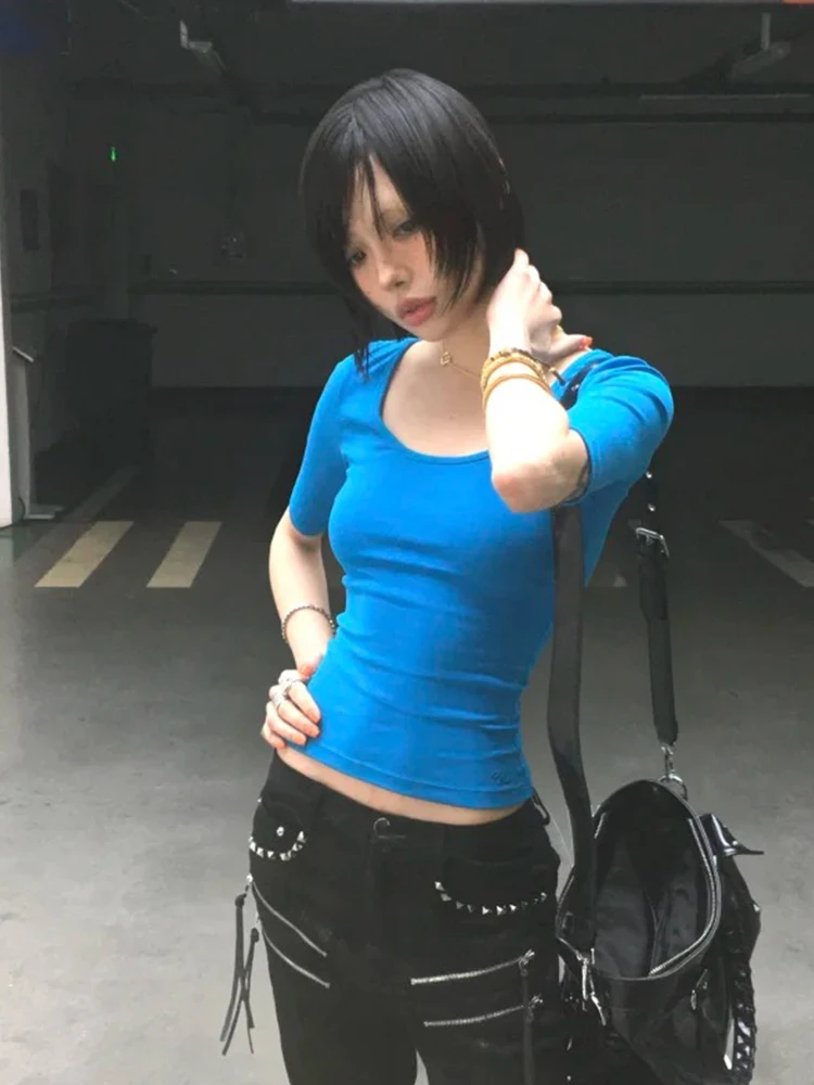 Tonngirls Aesthetic 2000s T-shirt Women Half Sleeve Slim Crop Tops Y2k Fairycore Vintage Tops Streetwear Square Collar Tshirts