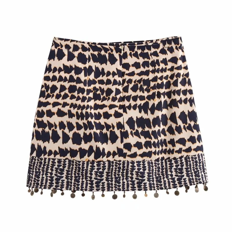 2026 Sexy Leopard Print Mini Skirt Women Asymmetrical Tie Waist Metal Fringe Hem Skirt for Party Street Wear