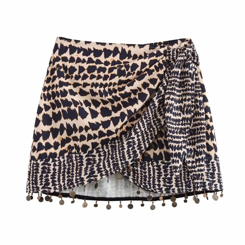 2026 Sexy Leopard Print Mini Skirt Women Asymmetrical Tie Waist Metal Fringe Hem Skirt for Party Street Wear