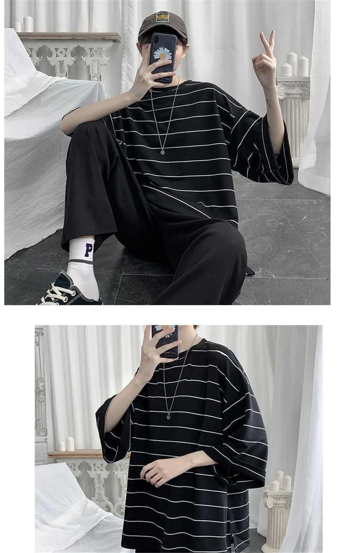 2026 Summer Oversized T-Shirt Men Funny Harajuku Tshirt Streetwear Femme Striped Japan Hip Hop Loose Half Sleeve T Shirts Male